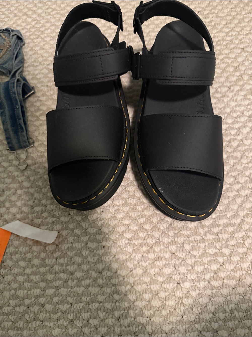 Dr. Martens Black Platform Sandals with Yellow Stitching